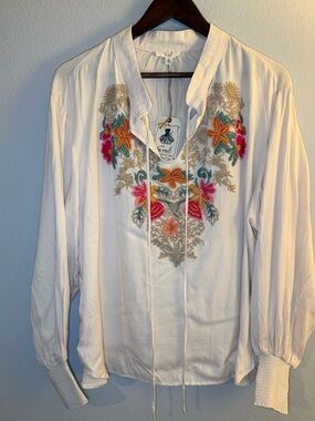 easel Beige - Embroidered Peasant Blouse with Multicolored Floral Accents - NWT